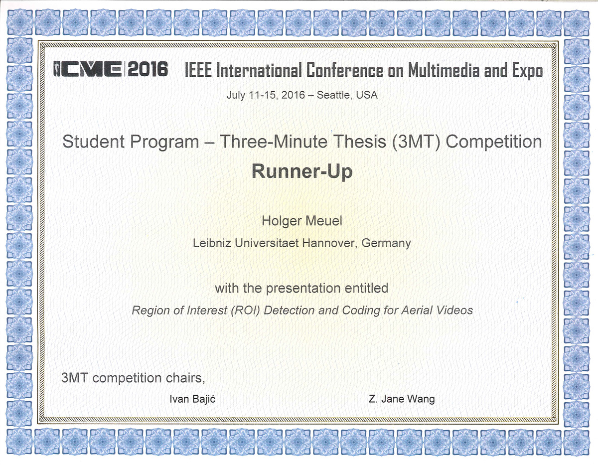 IEEE ICME2016 3MT Runner-Up Certificate